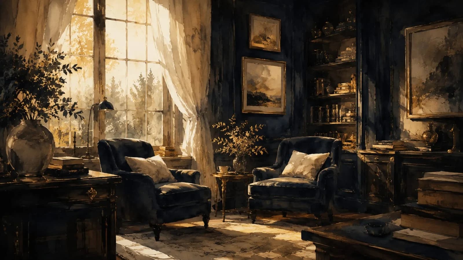 A quiet, light-filled private study at dawn with two armchairs