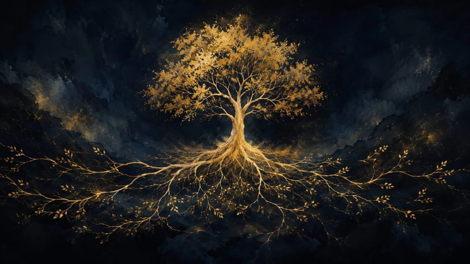 A golden tree whose roots and branches spread into one connected network