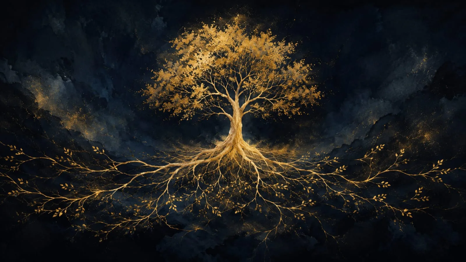 A golden tree whose roots and branches spread into one connected network