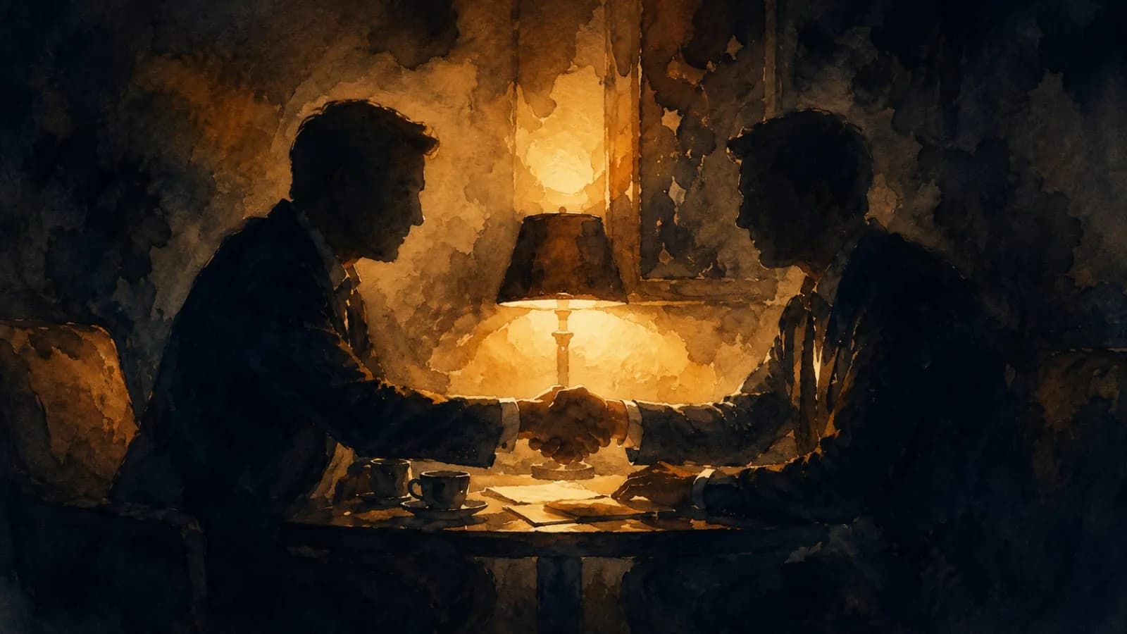 Two people in quiet conversation, sharing a handshake by warm lamplight