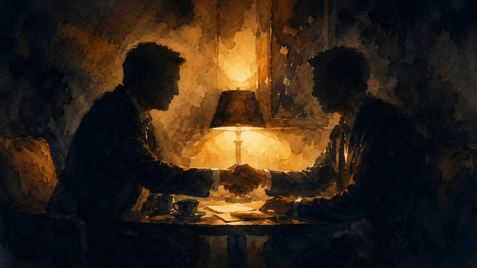 Two people in quiet conversation, sharing a handshake by warm lamplight