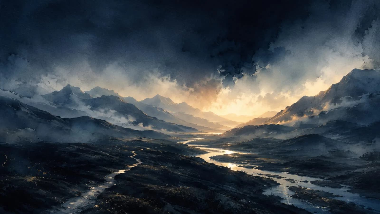 A quiet path and river winding through misty dawn mountains